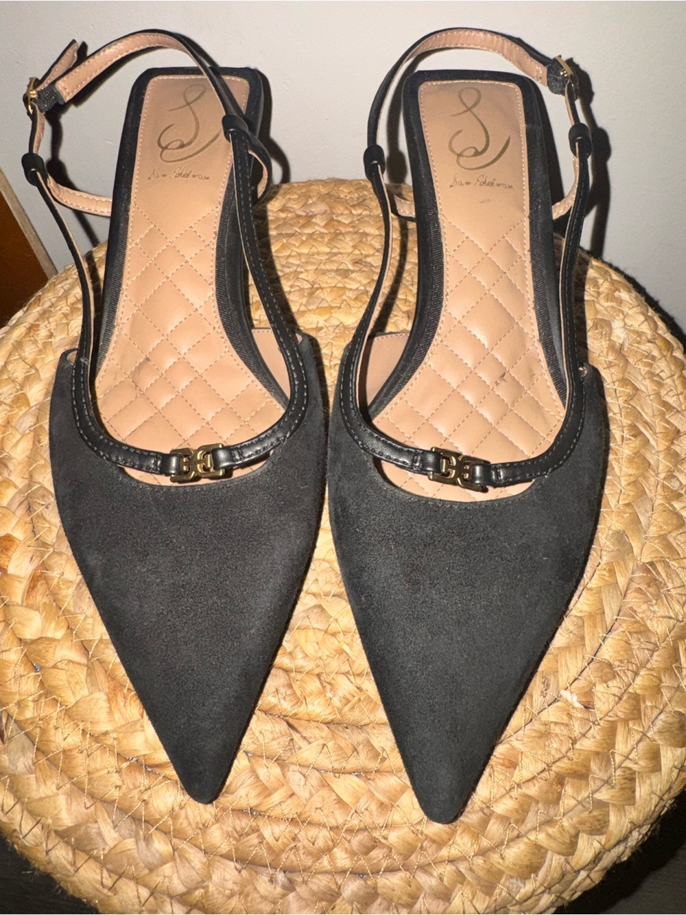 Sam Edelman Black Pointed Toe Slingback Flats with Gold Accent